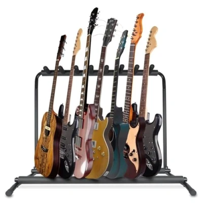 Imagen de PYLE soporte guitarra suelo, rack, 7 compartimientos, portatil, plegable, con acolchado de espuma, ideal para las acusticas, electricas, bajos, Color negro