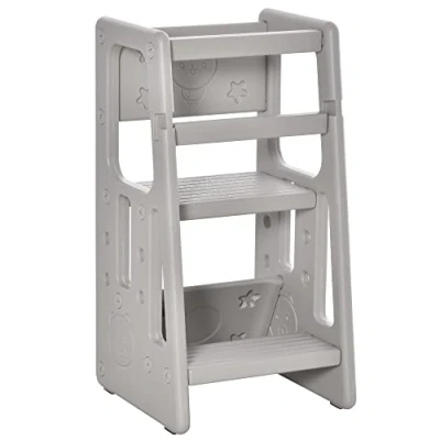 Imagen de HOMCOM Torre de Aprendizaje para Niños Taburete Infantil con Altura Ajustable en 3 Posiciones y Plataforma Antideslizante Cocina Comedor Baño 47x47x90 cm Gris
