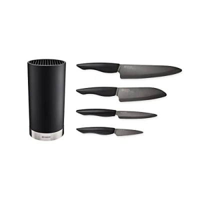 Imagen de KYOCERA Juego de cuchillos cerámica negro con cuchillo pelar, multiusos, universal y Santoku bloque redondo para 8 cuchillos, KB RD BK 4KN ZK EU