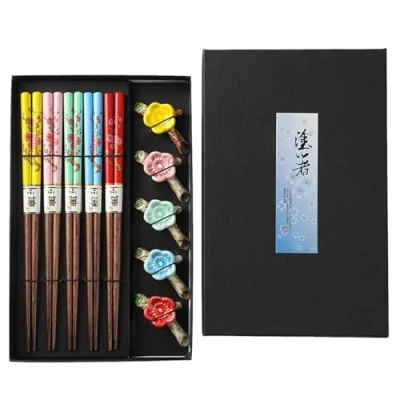 Imagen de Set de Regalo para Palillos, 5 Pares Palillos Bambu Japoneses Chopsticks Reutilizables, Madera chinos Sushi, Hecha a Mano(Seno Ciruela)