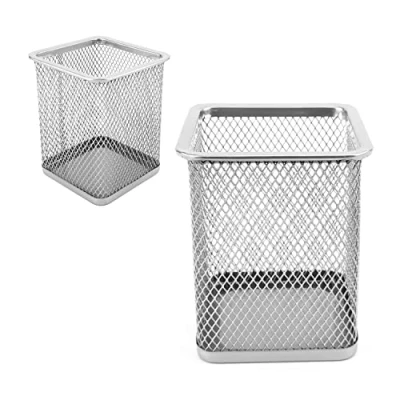 Imagen de D.RECT 2 unidades Caja de metal rectangular para bolígrafos, soporte cubo alambre metal, taza multifunción malla bolígrafo plata