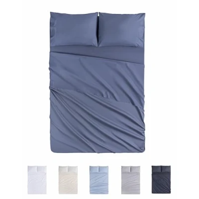 Imagen de Todocama Juego de Sábanas 4 Piezas 4002 Sábana Bajera Ajustable Encimera Dos Fundas Almohada 50x80cm (Cama 90x190/200 cm, Azul Grisáceo)