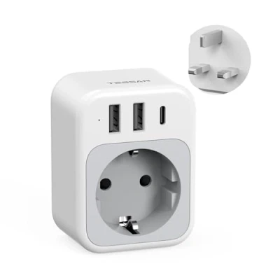 Imagen de TESSAN Adaptador Enchufe UK, 4 en 1 Ingles con USB C y 2 A, 3250W Español a Ingles, Tipo G para Irlanda Malta Malasia Vietnam Chipre