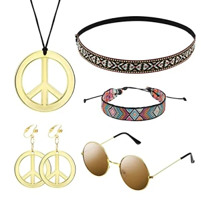 Imagen de MIVAIUN 5 piezas Conjunto de Disfraces Hippie Accesorios Vestir Retro Los Años 60 70, Bohemia Costume Set, Gafas Sol, Collar Signo Paz, Diadema