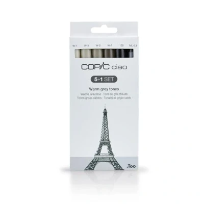 Imagen de Copic Ciao 5+1 Set «Warm Grey Tones», 5 rotuladores Dobles con Punta Mediana y de Pincel, Incl. Multiliner Negro 0,3 mm