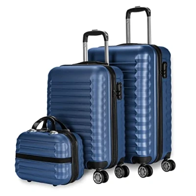 Imagen de NUMADA Juego de Maletas Rígidas 3pzs. Maleta Cabina 53cm, Mediana 63cm y Neceser. Set Viaje ABS Eco Friendly, 4 Ruedas Dobles, Resistentes, Ligeras Seguras (Azul Marino)