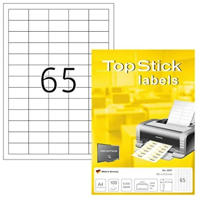 Imagen de TopStick 8697 etiquetas autoadhesivas universales A4 pequeño (38,1 x 21,2 mm, papel) 100 hojas, 65 por hoja, 6500 etiquetas, para impresoras inkjet y láser