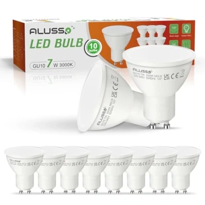 Imagen de ALUSSO 7W Bombilla LED GU10, Blanco Cálido 3000K 560Lm, equivalente a 70W Halógena, 120 ángulo de haz, no regulable, paquete 10