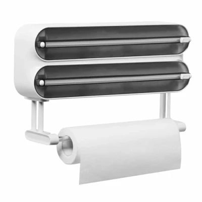 Imagen de Quasziwa Dispensador Papel Aluminio y Film con Portarrollos Cocina Pared Soporte para 3 Rollos, Desenrollador Magnético de Alimentario Cortador Incluye 50 m, Negro