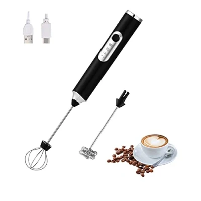 Imagen de HYTTER Espumador de leche eléctrico portátil con 2 cabezas, batidor espuma USB recargable 3 velocidades, mezclador para latte, capuchino, chocolate caliente, huevo (Negro)
