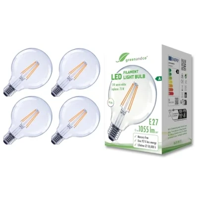 Imagen de greenandco 4x bombilla de filamento LED transparente E27 G95 5W 1055lm sustituye A 75W 2700K blanco cálido 320 230V sin parpadeo clase energética no regulable