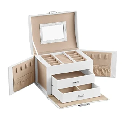 Imagen de SONGMICS Caja Joyero de 3 Niveles, para Joyas con Asa, 2 Cajones, Espejo, Cerradura, Viajar, Estilo Moderno, Regalo Seres Queridos, Blanco Clásico JBC154W01