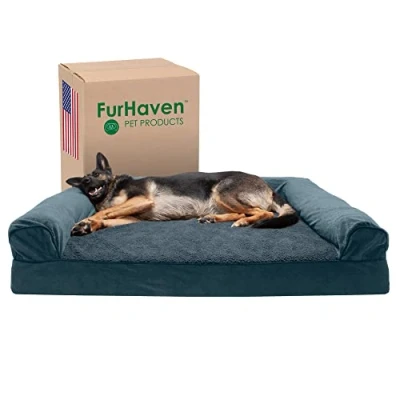 Imagen de FurHaven Cama XXL de Espuma Gel refrescante para Perro, Estilo sofá Sherpa y Chenilla, con Funda extraíble Lavable, Color Azul Orión, tamaño Jumbo Plus (XXL)