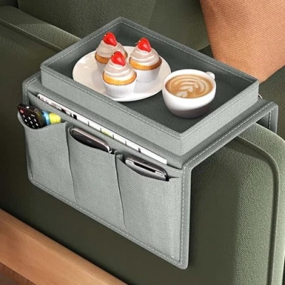 Imagen de Organizador de Reposabrazos Sofá con Bandeja, Soporte para Mando a Distancia TV Bolsa Almacenamiento del Sofá, la Libros, Merienda, Gafas, Revistas (Gris)