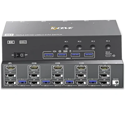 Imagen de YOUTINGHDAV KVM Switch 4 PC 3 Monitores 8K @ 60Hz 4K 144Hz, USB 3.0 Triple Monitor 2 DisplayPort 1.4 + HDMI 2.1 para Compartiendo Ratón Teclado con Cable Remote y Adaptador de