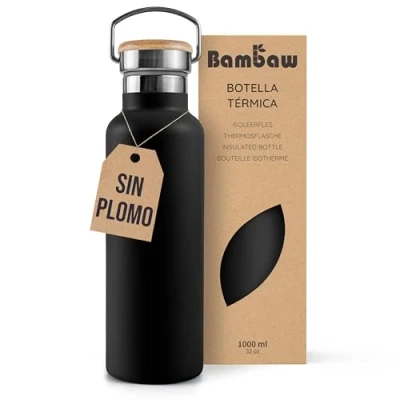 Imagen de Bambaw Botella térmica 1 litro, agua negra, acero inoxidable de deportiva, Cantimplora Negro ébano