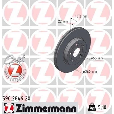 Imagen de ZIMMERMANN 590.2849.20 Disco de freno 260 22 7/5 5 100 ventilación interna revestido