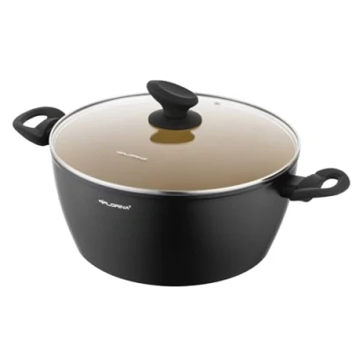 Imagen de FLORINA AMVEGAN Olla de aluminio 26 cm I 4,8L Alta durabilidad Tapa vidrio Recubrimiento cerámico con aceite oliva Fácil cocinar y enjuagar Diseño original