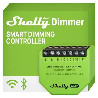 Imagen de Shelly regulador de intensidad Gen3, WiFi y Bluetooth, inteligente, domótico, luces regulables, tira LED, no requiere cable neutro, horarios inteligentes, concentrador, iOS