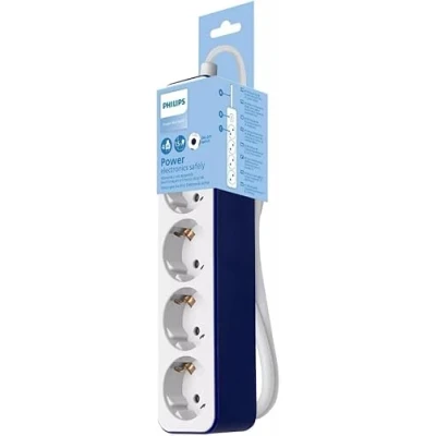 Imagen de Philips CHP2145U Regleta de 4 Enchufes, Bloqueo Alimentación, 1.500W, Cable Alimentación Trenzado 1.5 Metros Alta Resistencia, Cierre Seguridad (Indicador LED Prot) Color Blanco/Azul