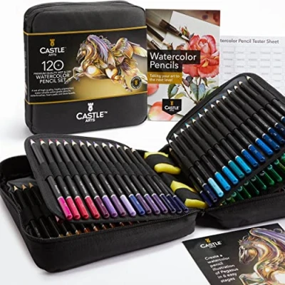 Imagen de Castle Art Supplies Estuche 120 Lápices Acuarela con Accesorios Pigmentos Intensos Pinta y Dibuja a la vez Para Aficionados Experimentados Profesionales En de Viaje Portátil