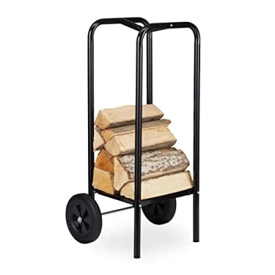 Imagen de Relaxdays Leñero con 2 Ruedas, Carro Portaleña, Acero, para hasta 50 kg, Soporte Leños Chimenea, Carrito Vertical, Negro, 89,5 x 46 39 cm