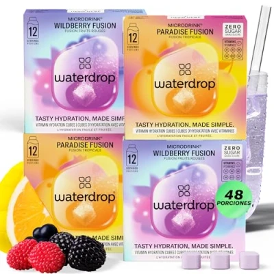 Imagen de waterdrop® Microdrink FUSION MIX, 48 Pastillas Saborizantes Para Agua, Bebidas con 2 Sabores Afrutados: Mango y Bayas. Sin Azúcar, baja en calorías vitaminas, Polvo de Hidratación
