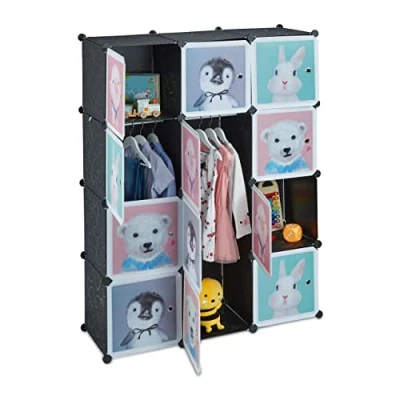 Imagen de Relaxdays Armario Modular Infantil, 8 Compartimentos, Puertas Estampado Animales, Estantería Niños, 145x109x37 cm, Negro, Caucho