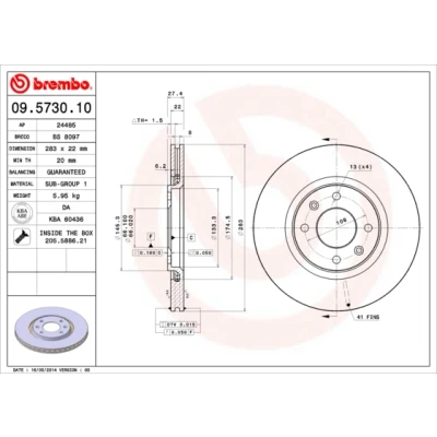 Imagen de BREMBO 09.5730.10 Disco de freno 283 22 4 ventilación interna con tornillos CITROËN: Xsara Coupé, Hatchback, Familiar