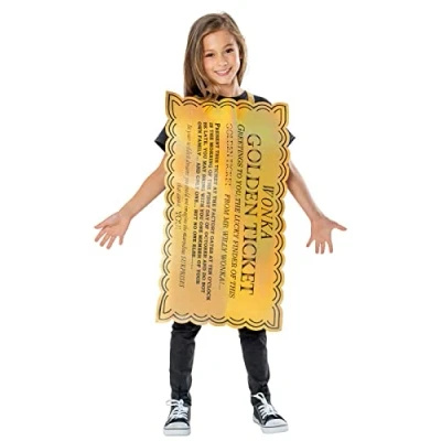 Imagen de Rubies Official Willy Wonka and The Chocolate Factory Golden Ticket Disfraz infantil unisex, talla mediana de 5 a 8 años, color dorado