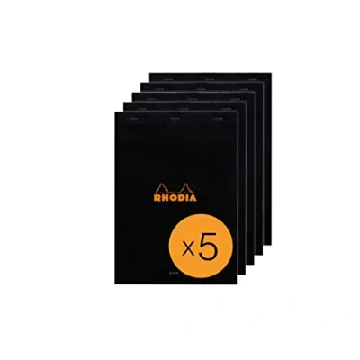 Imagen de RHODIA 180009C Bloc Notes Agrafé N18 Black A4 80 Feuilles Détachables Papier Clairefontaine Uni Blanc g/m² Couverture en Carte Enduite Paquet de 5 blocs