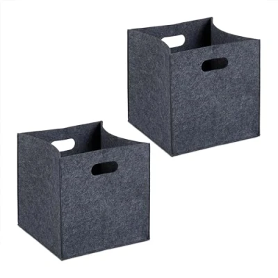 Imagen de Relaxdays Cestas de Almacenaje Fieltro en Set 2, Cajas Plegables para Estantería, 30x30x30cm, Asas, Antracita