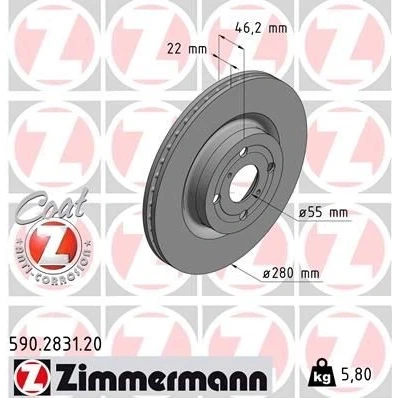 Imagen de ZIMMERMANN 590.2831.20 Disco de freno 280 22 6/4 4 100 ventilación interna revestido TOYOTA: Yaris III Hatchback