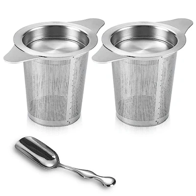 Imagen de 2 coladores de té para suelto, colador acero inoxidable, filtro con tapa, doble asa, taza, tetera