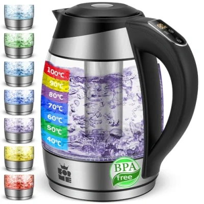 Imagen de ForMe Hervidor Eléctrico de Vidrio Agua 1,8 Selección Temperatura Regulable 40 100ºC I Pantalla Digital Siete colores LED Libre BPA Cristal Hervidora Función Mantener Caliente Tetera