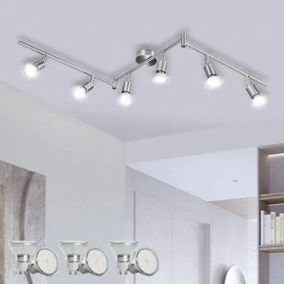 Imagen de Bojim Lámparas de techo LED 6 Focos Orientables, Luz con Barra Giratoria incl. 6X Bombillas GU10 6W 220V 550lm 4000K Blanco Natural 82Ra Níquel Mate para dormitorio habitacion salon cocina