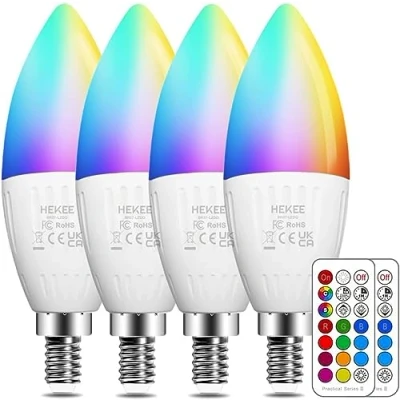Imagen de Bombilla LED E14 5W (equivalente a 40W), de Vela, Colores RGBW Cambio Color 2700K Blanco Cálido RGB Regulable casquillo fino mando Incluido (4 unidades)