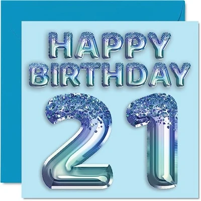 Imagen de Stuff4 Tarjeta de cumpleaños número 21 para hombres, globo fiesta con purpurina azul, tarjetas feliz hombre años, hermano, hijo, sobrino, tío, 145 mm x mm,