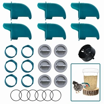 Imagen de Whimsii Comederos para Pollos sin residuos, 6 Puertos + Sierra de Agujero, alimentador automático Pollos, a Prueba Lluvia, Patos, Gansos, pájaros, codorniz