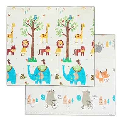 Imagen de Relaxdays Alfombra Juego Niños, Alfombrilla Gateo, Reversible, Estampado Animales, Lavable, 195x175 cm, XPE, Multicolor