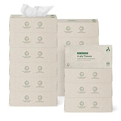 Imagen de Amazon Aware 4 capas Pañuelos faciales, fabricados con papel 100% reciclado, 1500 Unidad, 15 Paquetes de 100 cada