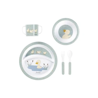 Imagen de juego de vajilla pato Edda Lou, color verde piedra, 5 unidades para niños y niñas, compuesto por taza, plato, cuenco papillas, cada uno con base antideslizante, cuchara tenedor