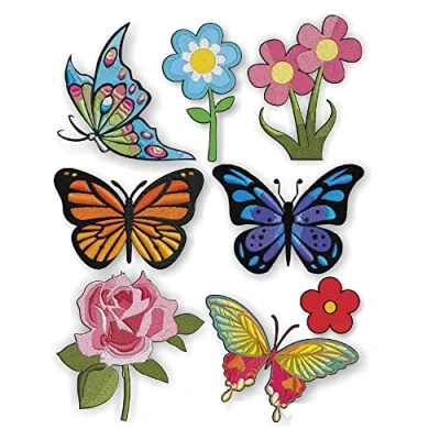 Imagen de 8 Parches mariposas y flores bordados para planchar en la ropa. Aplicaciones termoadhesivas reparar decorar pantalones, chaquetas, jerseys, mochilas, batas.