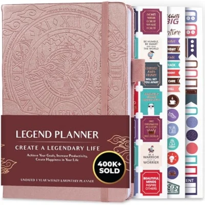 Imagen de Legend Planner Planificador de vida semanal y mensual lujo para alcanzar tus metas vivir más feliz. Organizador, cuaderno productividad A5, Sin fecha Oro Rosa
