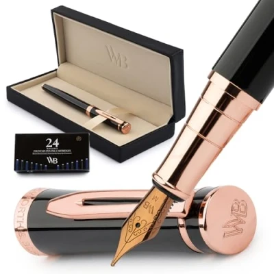 Imagen de Wordsworth &amp; Black Set de pluma estilográfica,Plumín mediano bañado en oro 18K,incluye 24 cartuchos tinta,convertidor recarga tinta y caja regalo,acabado dorado [Negro Rosa Oro]