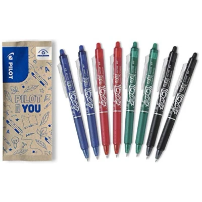 Imagen de Pilot Frixion Clicker Bolígrafo de tinta gel borrable y recargable con mecanismo presión termosensible, juego 8 unidades, color azul, negro verde, punta media