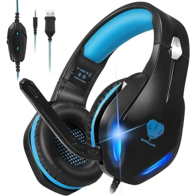 Imagen de Stynice Cascos Gaming con Microfono para PS5 / PS4 Xbox/PC/Nintendo Switch Auriculares Gamer Diadema Cable y Headphones Micro LED Cancelación de Ruido
