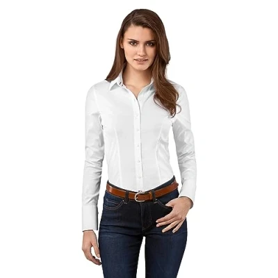 Imagen de Vincenzo Boretti Camisa de Mujer Elegante y clásica, Ajustada Entallado (Slim fit), Mezcla algodón, Ligeramente elástica, Manga Larga, Cuello Kent, Lisa fácil Planchar Blanco 42