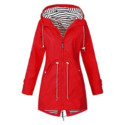 Imagen de ERZU lluvia longitud media para mujer, cortavientos a rayas, impermeable, ligera, con capucha exteriores, gabardina, rosso, S