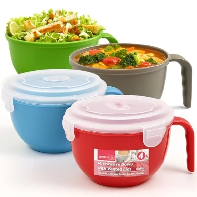 Imagen de Paquete de 4 recipientes para microondas con tapas, cuencos 900 ml tapa ventilada, cuenco tapa,